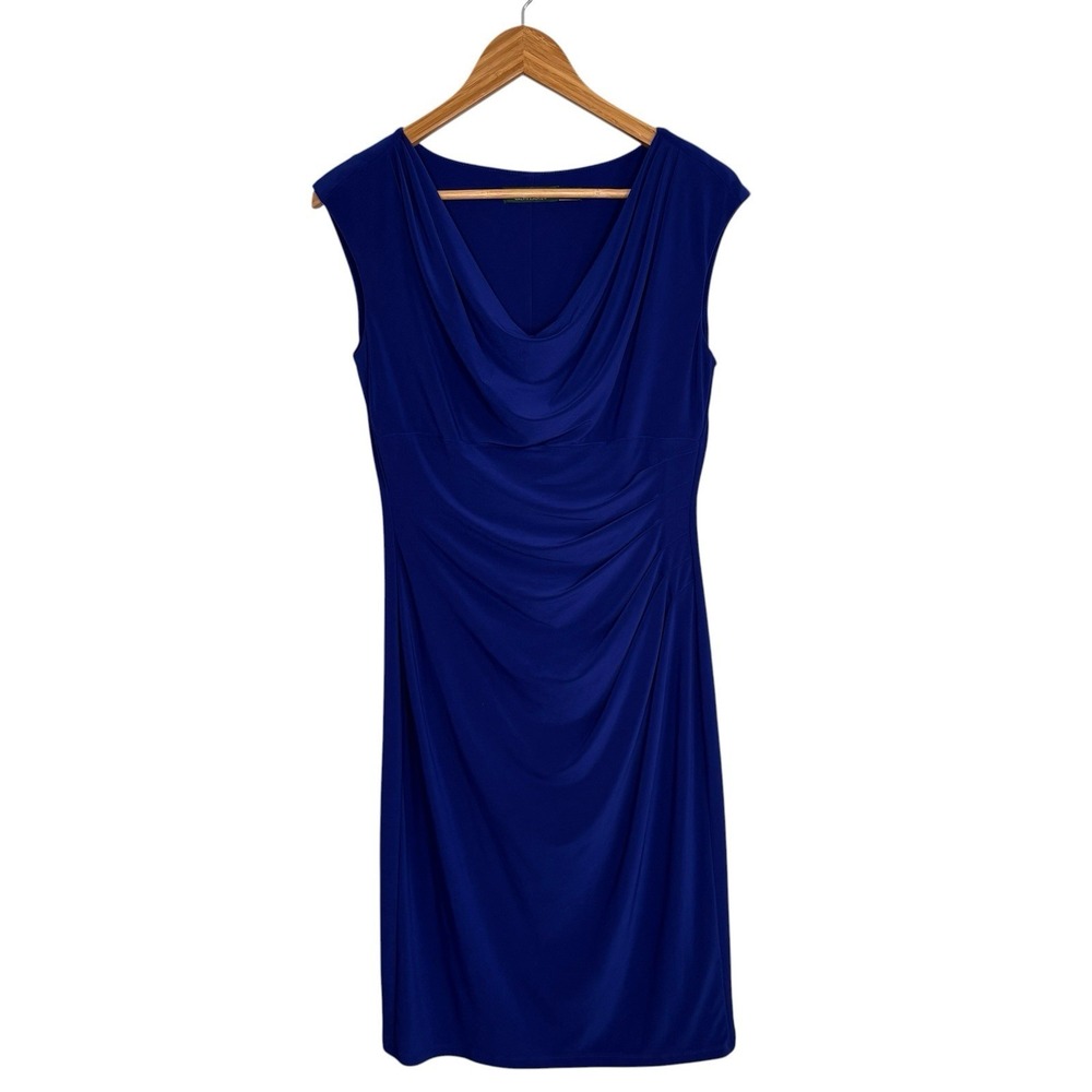 Lauren Ralph Lauren Womens Dress 10 Royal Blue Midi Cinched Cowl Neck Sleeveless